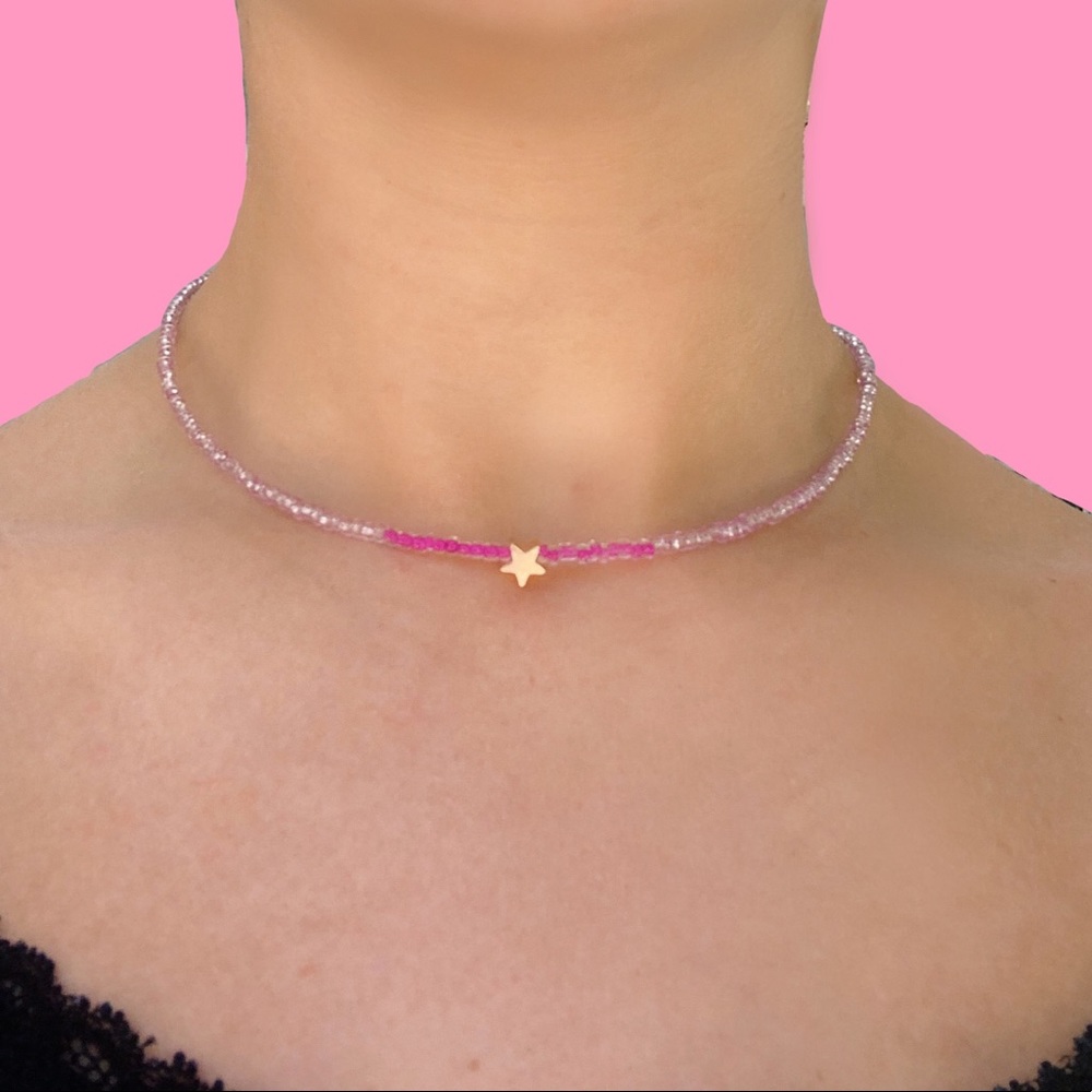 Handmade Pink Necklace with Gold Star